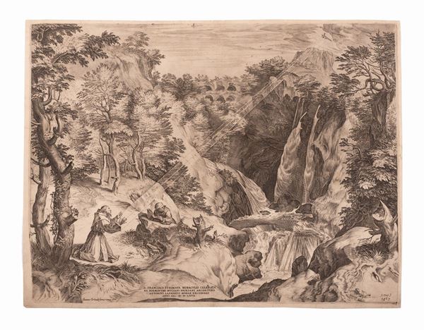Cornelis Cort : SAN FRANCESCO RICEVE LE STIGMATE  (1567)  - Bulino - Asta Libri Antichi, Incisioni, Disegni e Manoscritti (Prima sessione) - Gliubich Casa d'Aste