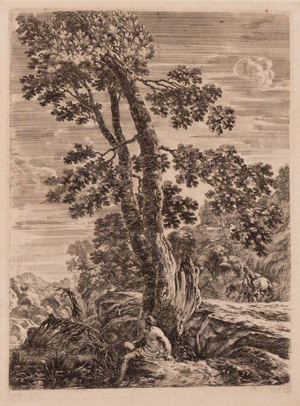 Stefano Della Bella - Grande paesaggio con pescatore sotto l'albero.