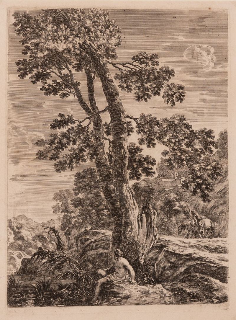 Stefano della Bella - Grande Paesaggio con Pescatore Sotto L'albero.