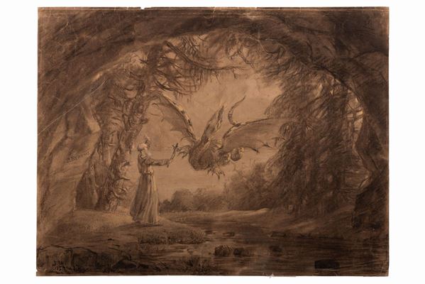 Grande disegno dell'800 con Santo e drago.  (1852)  - Asta Libri Antichi, Incisioni, Disegni e Manoscritti (Prima sessione) - Gliubich Casa d'Aste