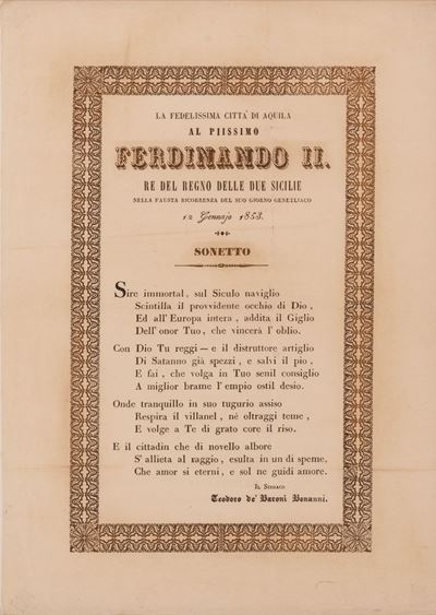 Sonetto la Fedelissima Città Dell'aquila al Piissimo Ferdinando II Re del Regno delle Due Sicilie