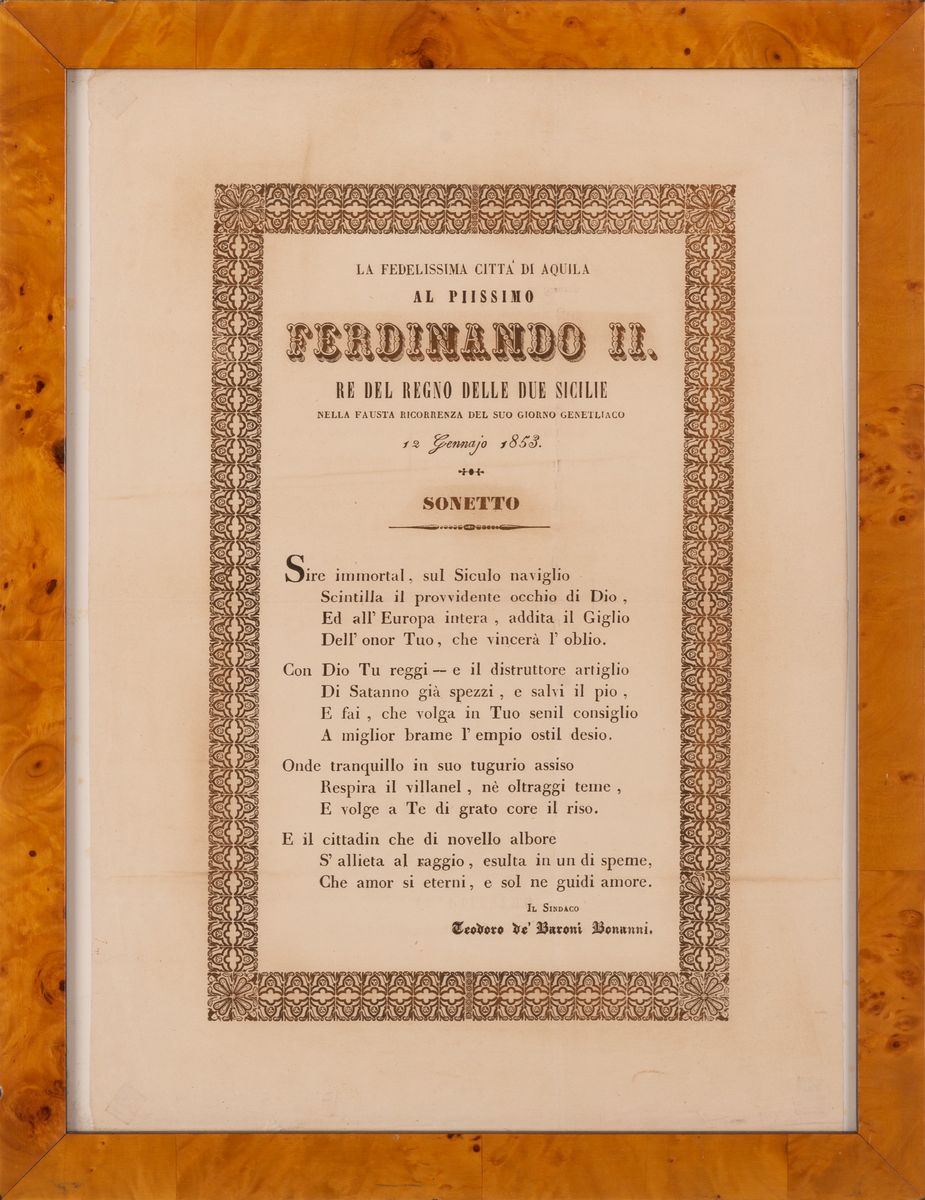 Sonetto la Fedelissima Città Dell'aquila al Piissimo Ferdinando II Re del Regno delle Due Sicilie