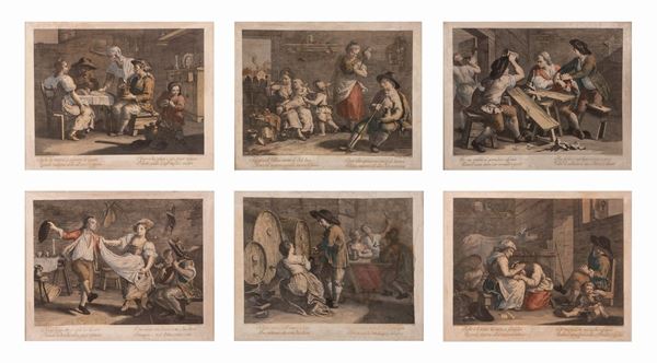 La serie completa delle 6 incisioni all'acquaforte di Giovanni Volpato, acquerellate e in cornice.