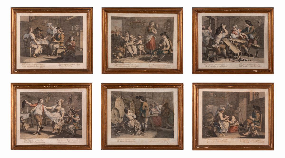 La Serie Completa delle 6 Incisioni All'acquaforte di Giovanni Volpato, Acquerellate e in Cornice...