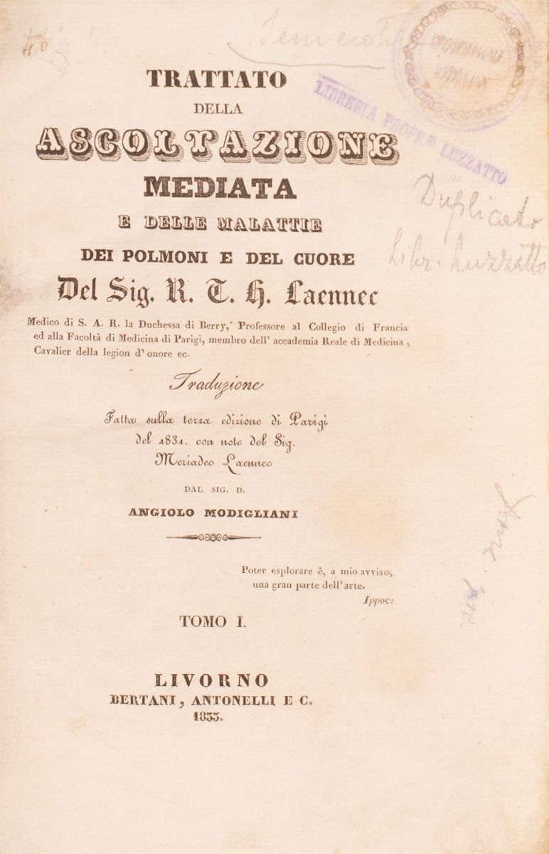 Trattato della Ascoltazione Mediata e delle Malattie dei Polmoni e del Cuore