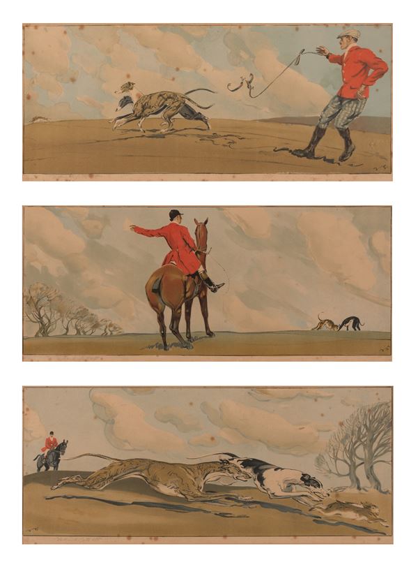 Tre acquerelli con scena di caccia