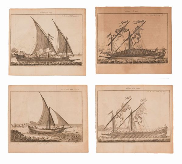 lotto di 4 incisioni di Filleul rappresentanti  - Galere 'a la rame - Galere a' la voile -Galere a' l'ancre - Barque de pequeur 