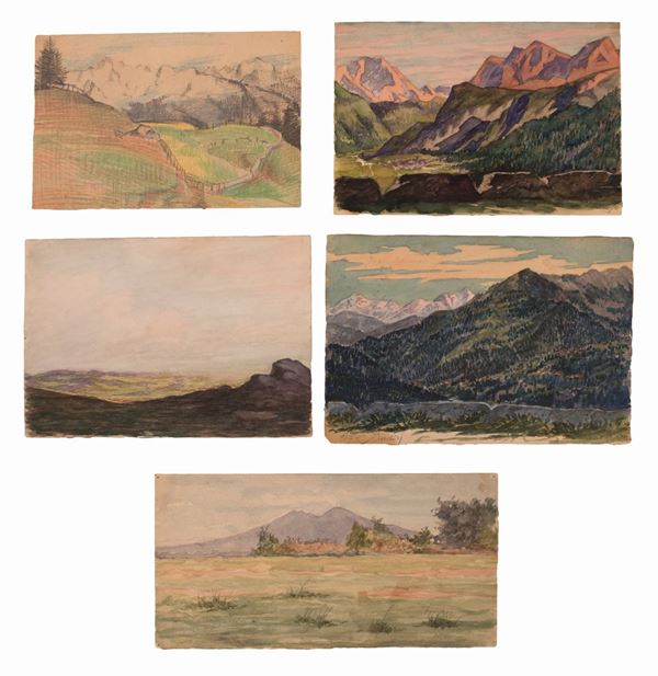 Lotto di quattro acquerelli e 1 disegno di Bernard Badon raffiguranti le Valli di Lanzo nelle Alpi Graie piemontesi