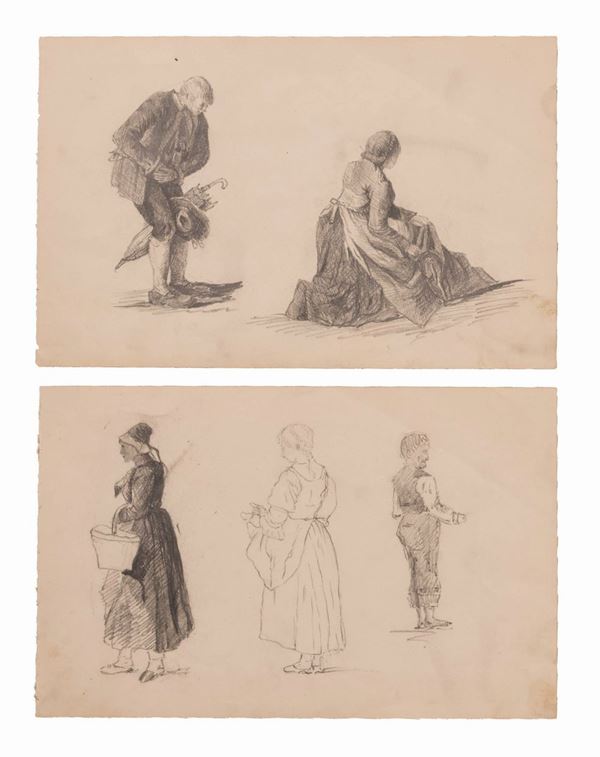 lotto di due fogli di disegni con uomini e donne in abiti popolani una disegnata anche al verso