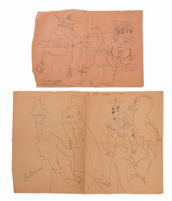 Lotto di 4 disegni umoristici di Nicola Ciarletta in due fogli al fronte e al retro.