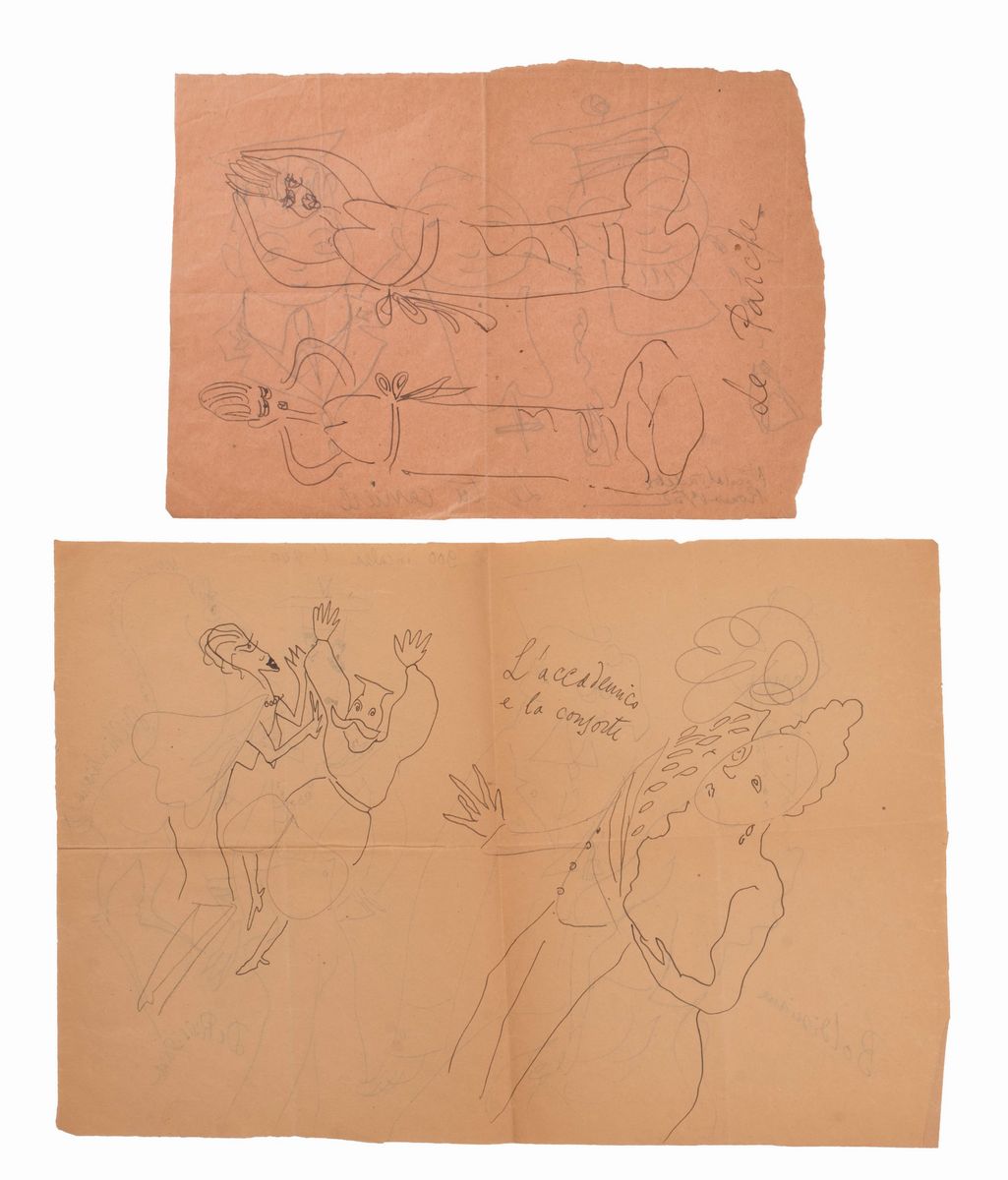 Lotto di 4 Disegni Umoristici di Nicola Ciarletta in Due Fogli al Fronte e al Retro.