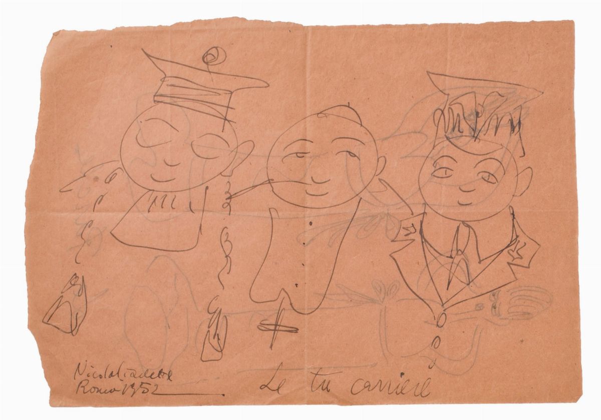 Lotto di 4 Disegni Umoristici di Nicola Ciarletta in Due Fogli al Fronte e al Retro.