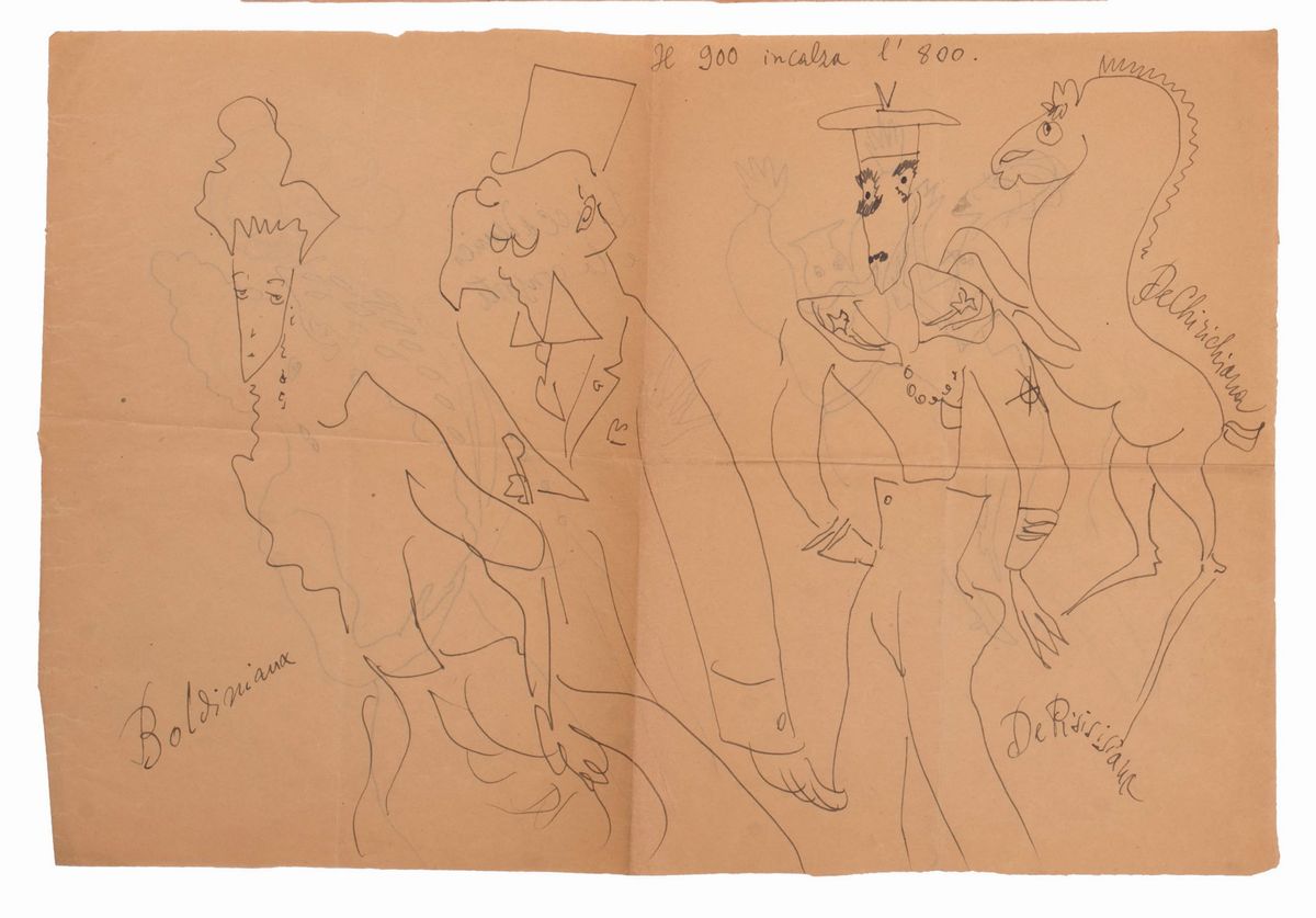 Lotto di 4 Disegni Umoristici di Nicola Ciarletta in Due Fogli al Fronte e al Retro.