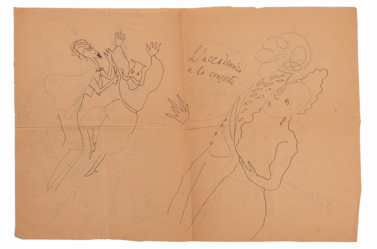 Lotto di 4 Disegni Umoristici di Nicola Ciarletta in Due Fogli al Fronte e al Retro.