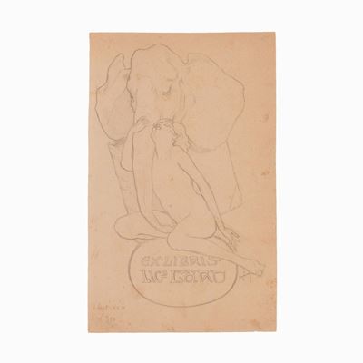 Disegno per Ex Libris Laro. Donna che Abbraccia la Proboscide di un Elefante