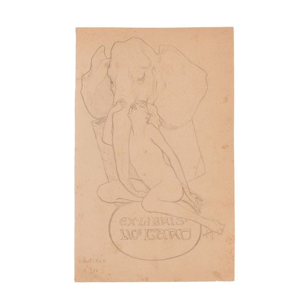 Disegno per Ex Libris Laro. Donna che abbraccia la proboscide di un elefante  - Asta Libri Antichi, Incisioni, Disegni e Manoscritti (Prima sessione) - Gliubich - Aquila Casa d'Aste