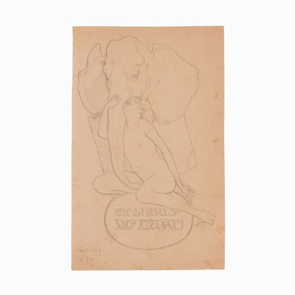 Disegno per Ex Libris Laro. Donna che abbraccia la proboscide di un elefante  - Auction Libri Antichi, Incisioni e Disegni - Gliubich Casa d'Aste