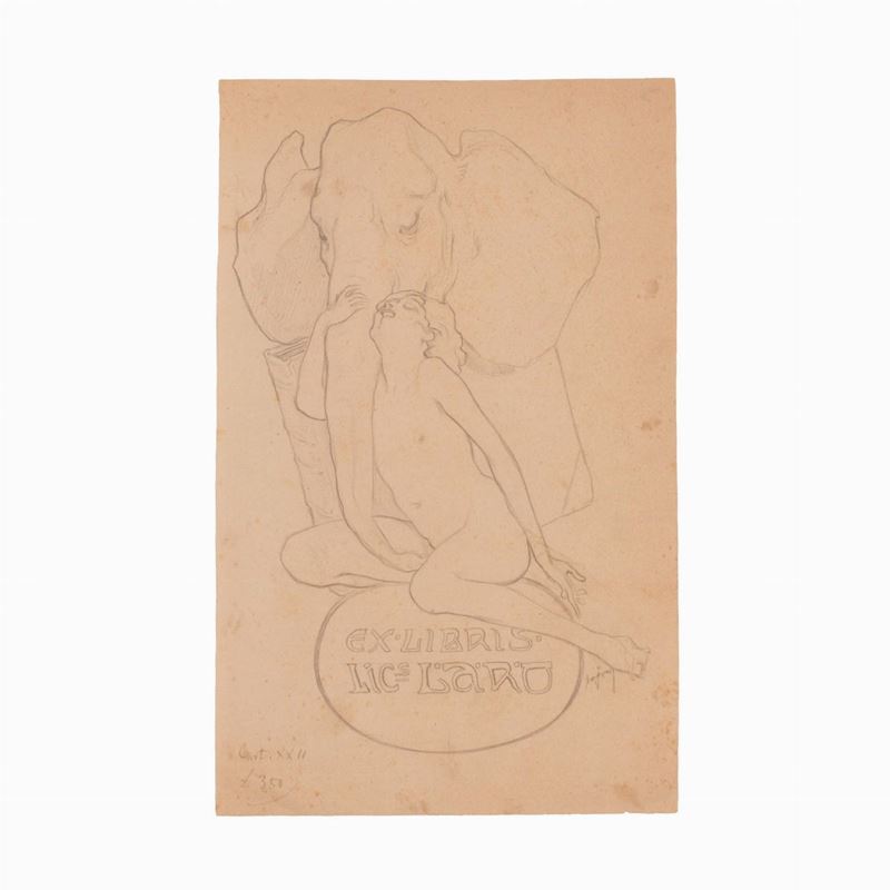 Disegno per Ex Libris Laro. Donna che Abbraccia la Proboscide di un Elefante