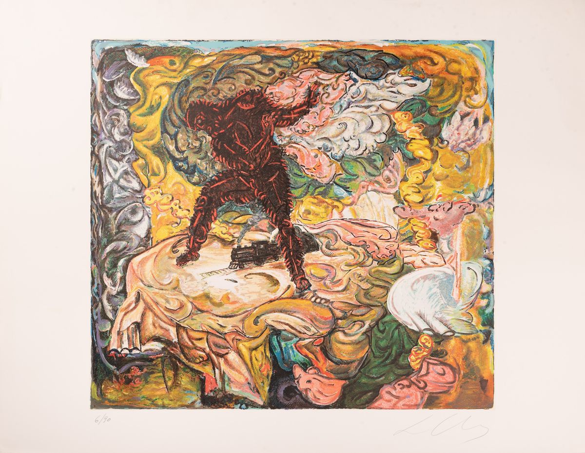 Sandro Chia - Cartella in Piena Tela Rossa Contenente 3 Litografie