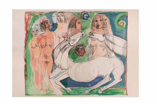 Bruno Cassinari : Composizione con figure femminili e cavallo  - litografia - Asta Asta a Tempo - Grafica - Gliubich Casa d'Aste