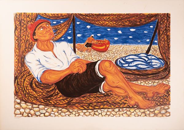 Giuseppe Migneco : Pescatore  - litografia - Auction Asta a tempo - Grafica - Gliubich Casa d'Aste