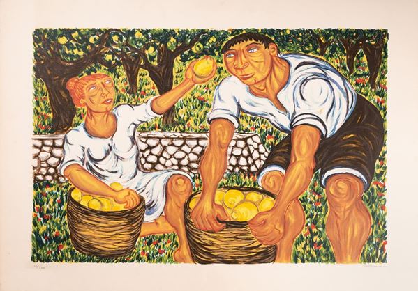 Giuseppe Migneco : Raccolta dei limoni  - litografia - Asta Asta a tempo - Grafica - Gliubich Casa d'Aste