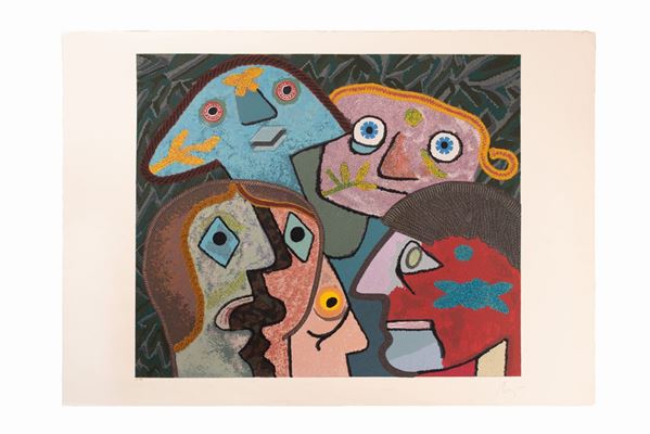 Enrico Baj : Volti  - Serigrafia con applicazioni in tessuto e pagliuzze cangianti - Auction Asta a Tempo - Grafica - Gliubich Casa d'Aste