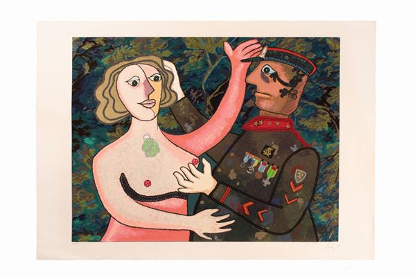 Enrico Baj : Generale con figura femminile  - Serigrafia con applicazioni in tessuto e pagliuzze cangianti - Auction Asta a tempo - Grafica - Gliubich Casa d'Aste
