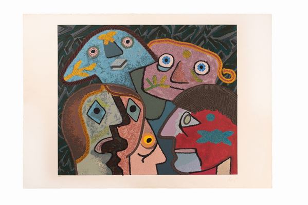 Enrico Baj : Volti  - Serigrafia con applicazioni in tessuto e pagliuzze cangianti - Auction Asta a tempo - Grafica - Gliubich Casa d'Aste