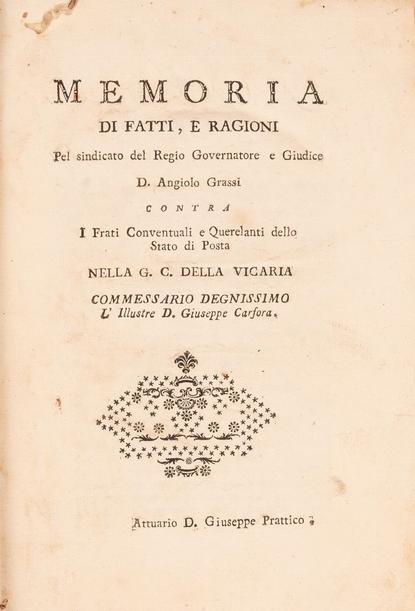 Memoria di Fatti e Ragioni del Sindacato del Regio Governatore e Giudice D. Angiolo Grassi Contra...