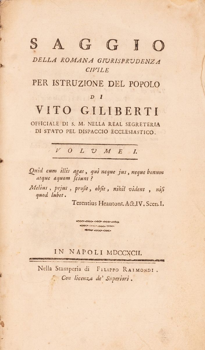 Saggio della Romana Giurisprudenza Civile per L'istruzione del Popolo di Vito Gilberti Officiale ...
