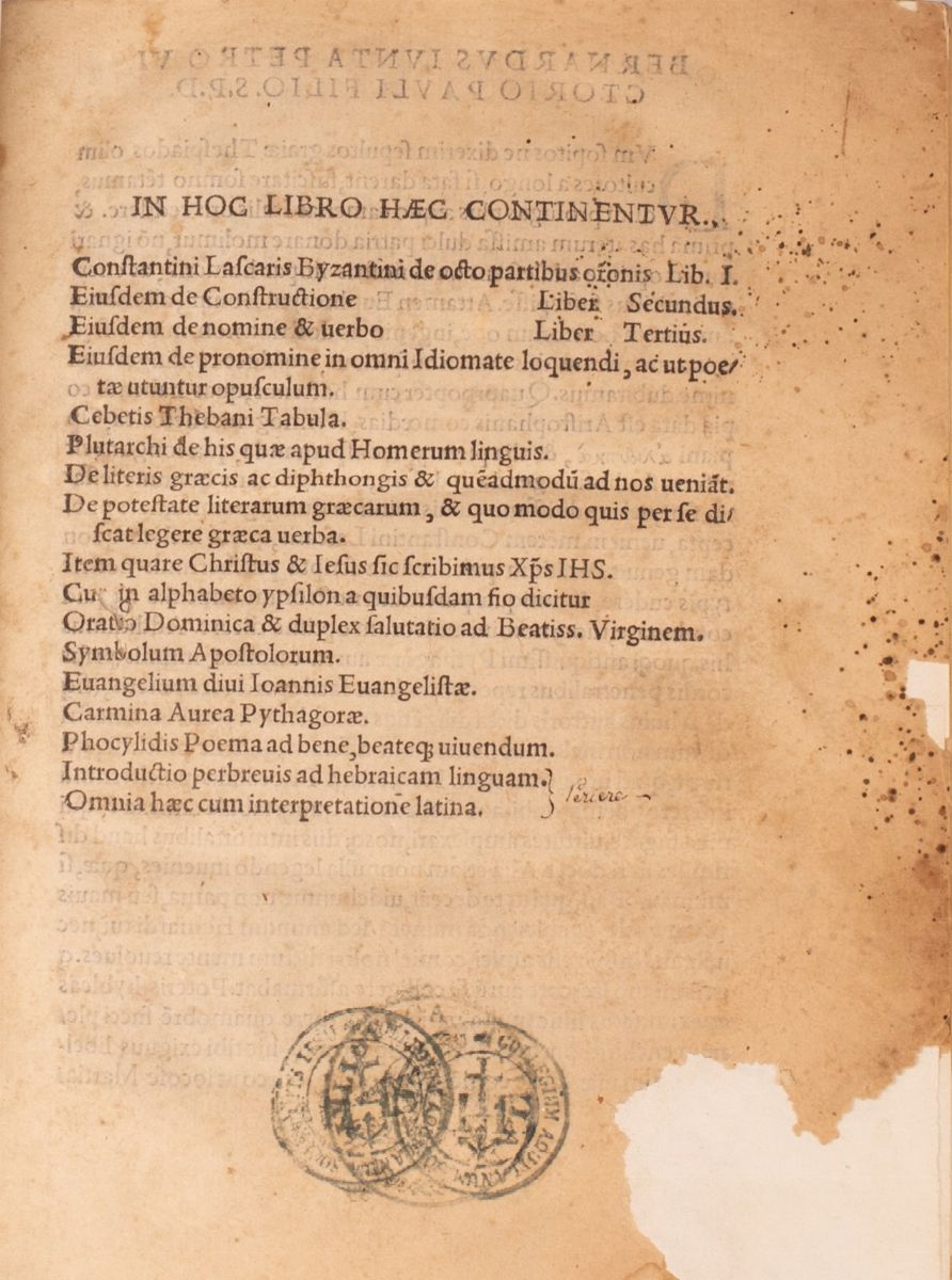 Grammatica Greca e Latina Costantin Lascaris. Compendium Octo Orazionis Partium Aliorum Quorundam...