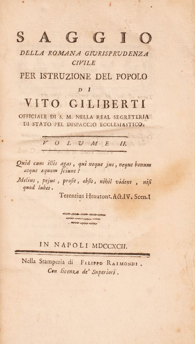 Saggio della Romana Giurisprudenza Civile per Istruzione del Popolo di Vito Gilberti (vol II)