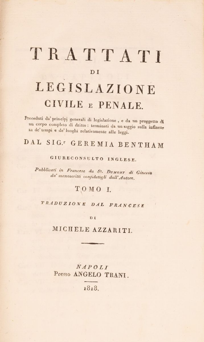 Trattati di Legislazione Civile e Penale (...) del Sig. Geremia Bentham Giureconsulto Inglese, Tr...