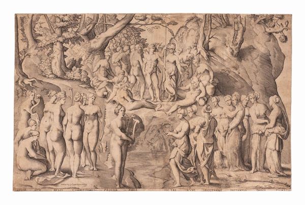 Giovanni Jacopo Caraglio : LE MUSE E LE PIERIDI. LA SFIDA DELLE MUSE CONTRO PIERIDE SUL PARNASO, GUARDATA DA APOLLO E ALTRE DIVINITÀ  (circa 1533)  - mm 377x242 - Asta Libri Antichi, Incisioni, Disegni e Manoscritti (Prima sessione) - Gliubich Casa d'Aste