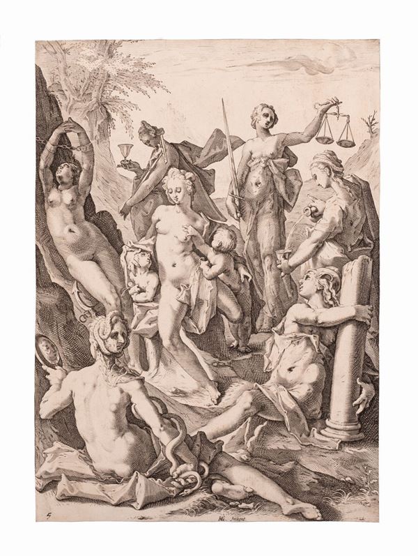 Jacob Matham : Le sette virtù  (1588)  - incisione - Auction Libri Antichi, Incisioni e Disegni - Gliubich Casa d'Aste