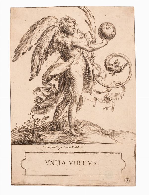 Cherubino Alberti : Angelo con globo dei Medici  (post 1600)  - incisione - Auction Libri Antichi, Incisioni e Disegni - Gliubich Casa d'Aste