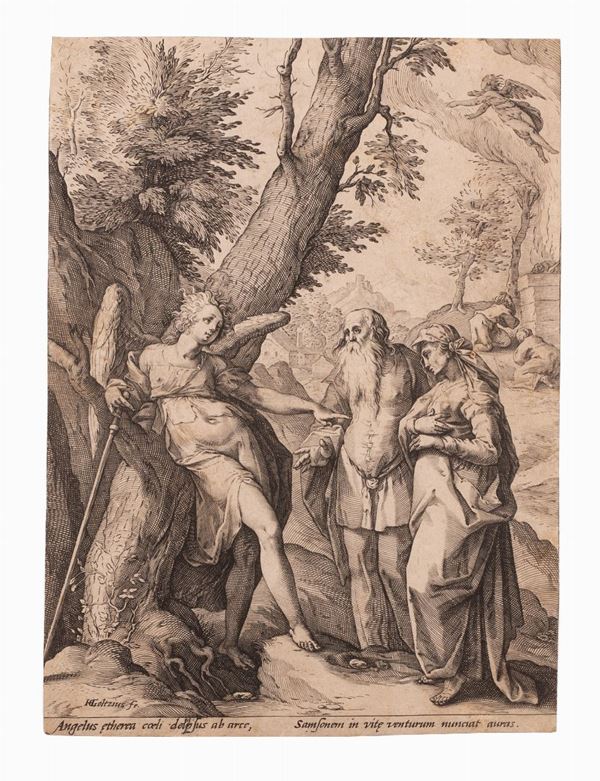 Hendrick  Goltzius : Annunciazione della nascita di Sansone  (1586)  - incisione - Asta Libri Antichi, Incisioni, Disegni e Manoscritti (Prima sessione) - Gliubich Casa d'Aste
