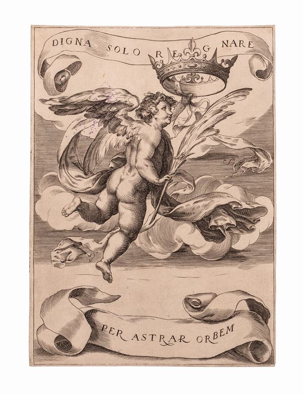 Anonimo da Cherubino Alberti : UN ANGELO ALATO IN VOLO  (circa 1630)  - incisione - Auction Libri Antichi, Incisioni e Disegni - Gliubich Casa d'Aste