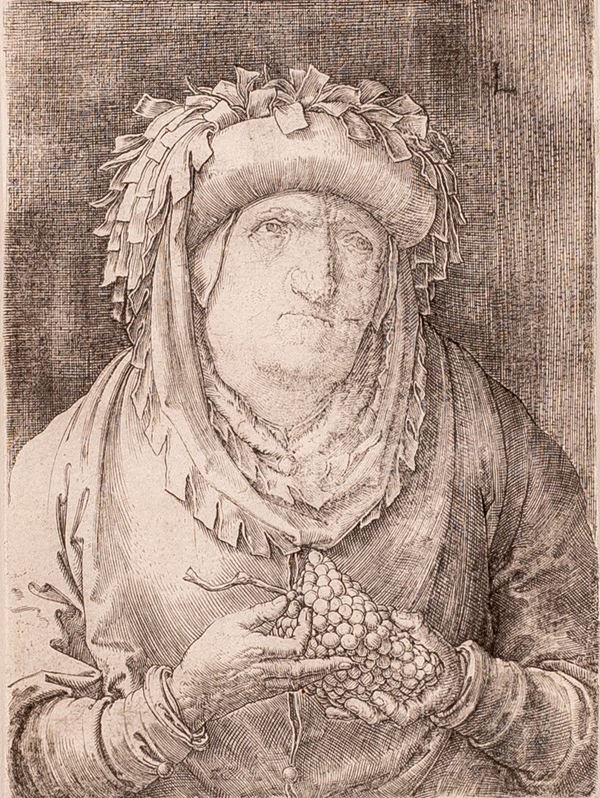 Lucas Van Leyden :  Vecchio con uva  (1523)  - incisione - Asta Libri Antichi, Incisioni, Disegni e Manoscritti (Prima sessione) - Gliubich Casa d'Aste