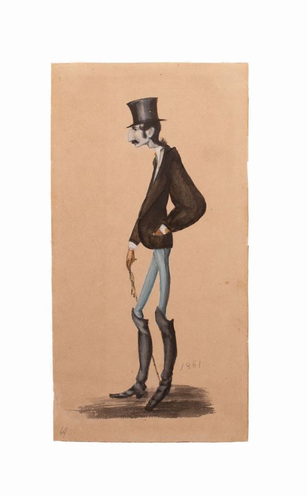 Melchiorre De Filippis Delfico : CARICATURA DI UOMO CON NASO ADUNCO E STIVALI  (1861)  - Asta Libri Antichi, Incisioni, Disegni e Manoscritti (Prima sessione) - Gliubich Casa d'Aste
