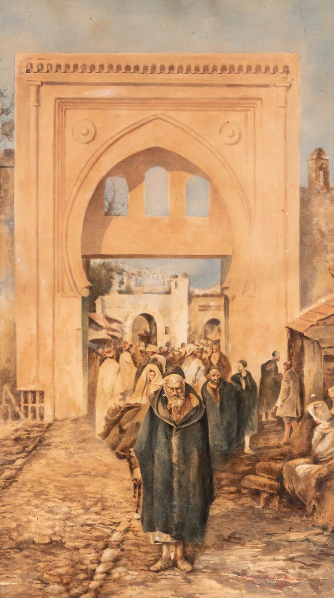 Prince Philippe De Bourbon Et Bragance - Acquerello Raffigurante Villaggio Orientale con Personag...