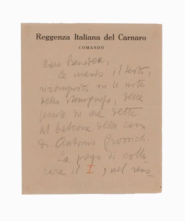 lettera manoscritta di Gabriele d'Annunzio