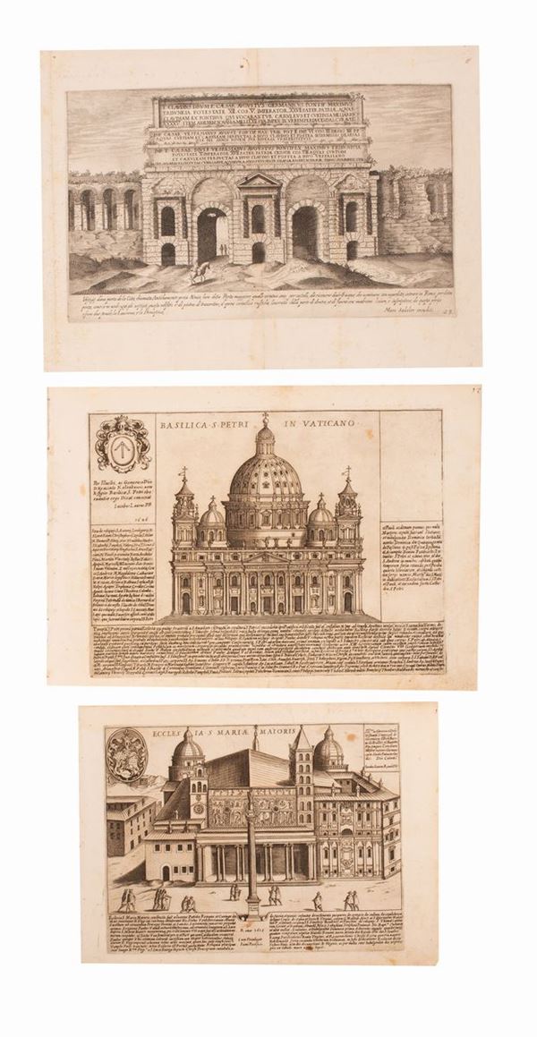 Lotto di tre incisioni del 1600 su Roma
