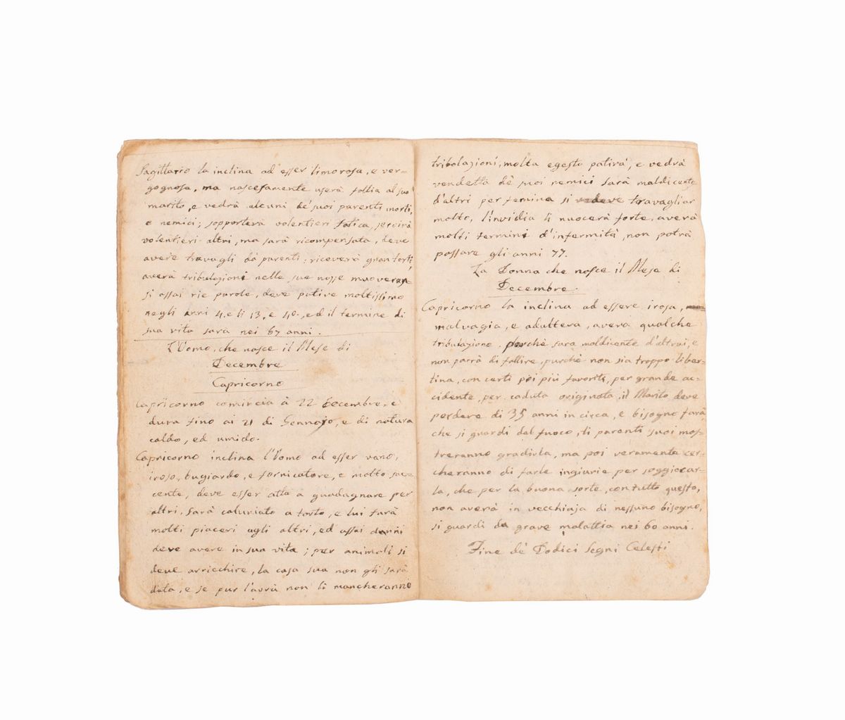 Manoscritto di 33 Pagine Contenente: "inclinazione De' Dodici Segni Celesti Sopra il Corpo Umano"