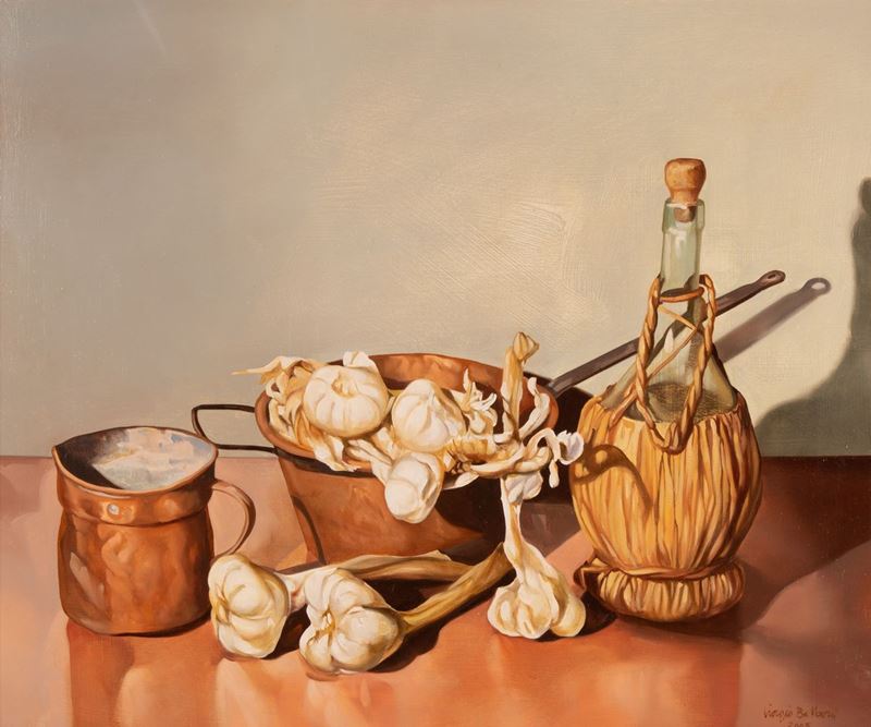 Giorgio Balboni - Natura Morta con agli e Fiasco di Vino