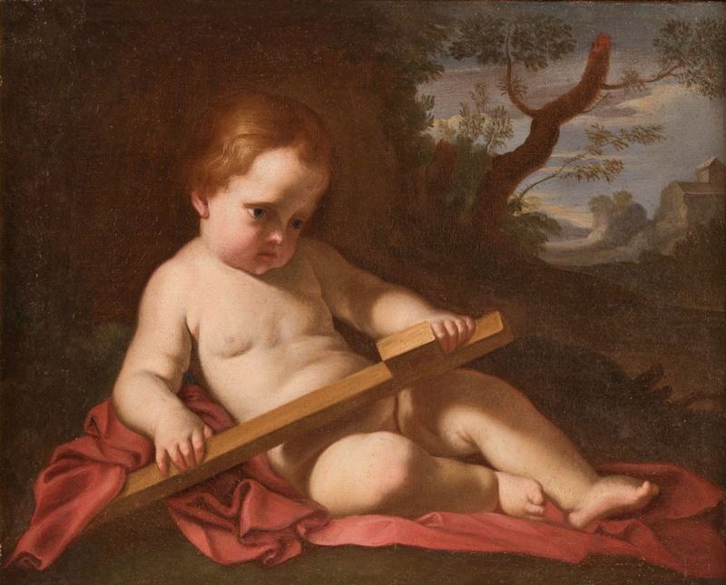 Scuola Bolognese del XVII Secolo - San Giovannino su un Drappo Rosso Contempla la Croce ai Margin...