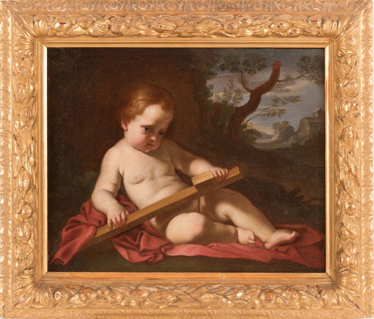 Scuola Bolognese del XVII Secolo - San Giovannino su un Drappo Rosso Contempla la Croce ai Margin...