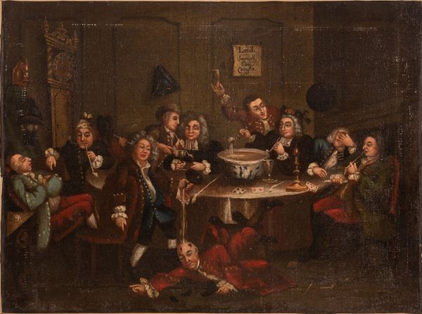 Pittore inglese  del XVIII secolo - Interno di taverna inglese con fumatori, bevitori e giocatori di carte