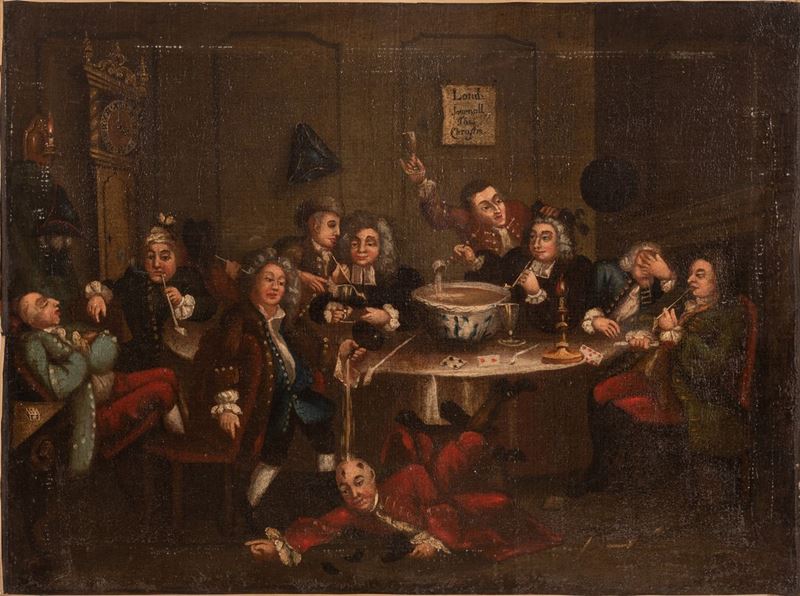 Pittore Inglese del XVIII Secolo - Interno di Taverna Inglese con Fumatori, Bevitori e Giocatori ...